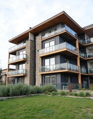 Fototapeta premium Contemporary multi-story building showcasing layered balcony structure and clean lines