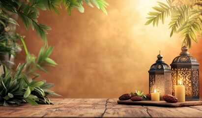 Ramadan background, in a warm brown color, with ample copy space for text and graphics, adorned with lanterns, dates