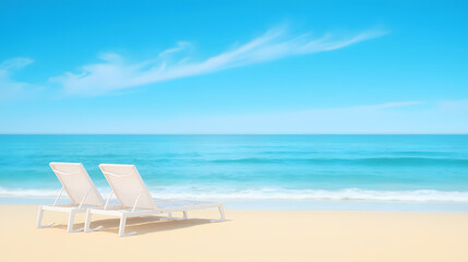 Obraz premium Relaxing Beach Scene with Two Lounge Chairs by the Calm Ocean under a Clear Blue Sky and Gentle White Clouds