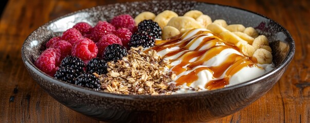 Wholesome breakfast bowl filled with fresh raspberries and blackberries for a delightful start to your day.