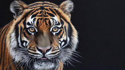 Fototapeta premium Angry face of sumatran tiger, animal angry, head of tiger sumatera closeup with black background 