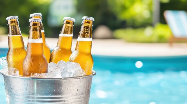Refreshing beer bottles in ice bucket by a poolside oasis - Powered by Adobe
