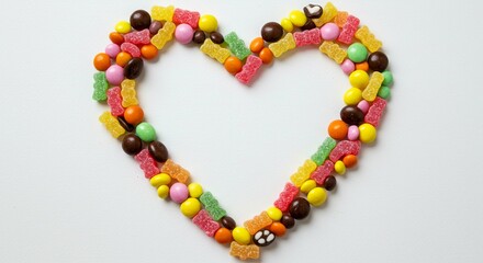 Colorful Gummy Bears and Chocolate Candies Arranged in a Heart Shape on White Background