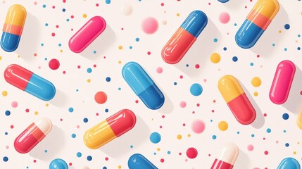 Colorful capsules scattered on white background, pharmaceutical design, healthcare website