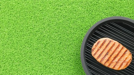 Grilling juicy beef steaks outdoors on a green lawn food summer