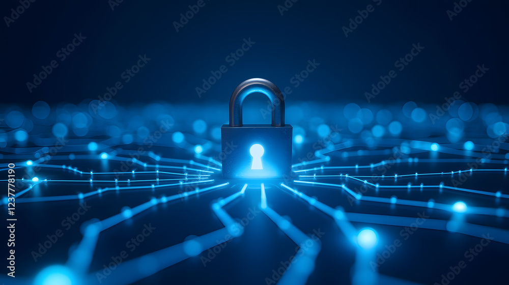 Poster digital padlock with keyhole surrounded by glowing network connections representing cybersecurity an