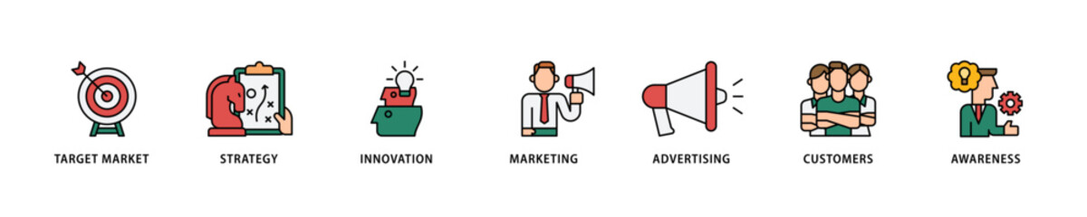 Brand icon set flow process which consists of target market, strategy, innovation, marketing, advertising, customers, and awareness icon live stroke and easy to edit .