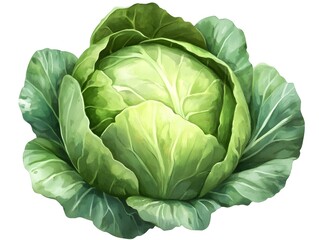 Watercolor Painting of Fresh Green Cabbage Head Leaves