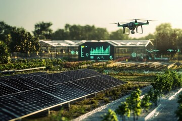 Fototapeta premium Modern Solar Farm Featuring Solar Panels and a Drone in a Clear Blue Sky