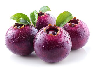 Three Ripe Mangosteens with Fresh Green Leaves on White