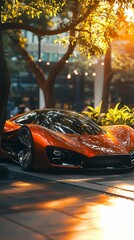 Orange sports car parked under tree, city background. Use Automotive advertisement
