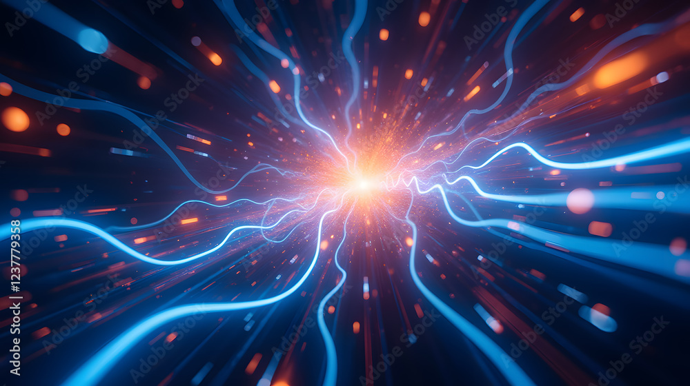 Poster explosive energy burst with colorful light streams in deep space, abstract design of dynamic motion 