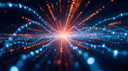 Fototapeta premium Abstract Digital Flow of Light Particles in Vibrant Blue and Orange Colors Representing Energy and Technology Themes in Motion