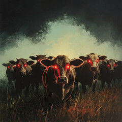A mythical dairy cow with glowing red eyes, said to bring both milk and mischief, like a devil in disguise.