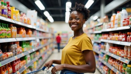 girl in supermarket buying food products. Woman standing with rainbow bags in store happy. Shopper searching for discounts and promotions in phone.
