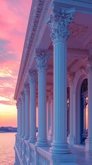 Fototapeta premium Pink sunset over waterfront classical columns; luxury vacation brochure