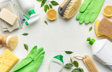 Eco friendly cleaning products arranged with natural elements