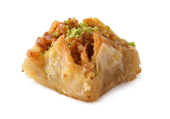 Delicious piece of baklava topped with crushed nuts on a white background perfect for dessert lovers