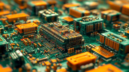 Obraz premium Printed circuit board futuristic server Circuit board futuristic server code processing. Orange, green, blue technology background