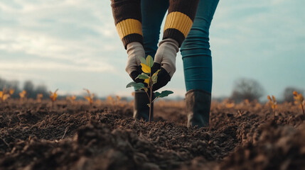 One person planting a young tree in a field, symbolizing reforestation efforts