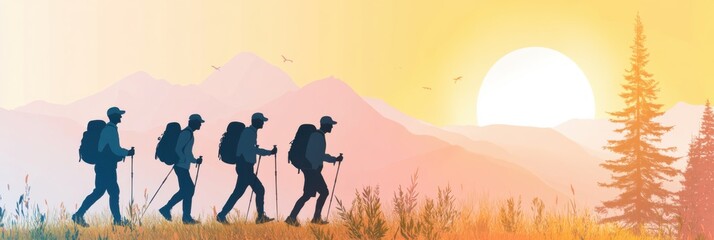 Fototapeta premium Veterans find solace and strength through nature hikes during a serene sunset in the mountains