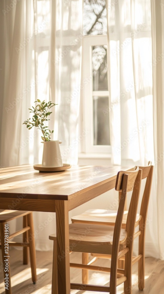 Poster warm sunlight filters through sheer curtains, illuminating a neutral wooden dining table topped with