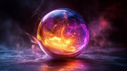 Abstract glowing sphere with vibrant orange and purple energy swirls. Dynamic, futuristic, and magical. Ideal for sci-fi, fantasy, gaming, technology, and concept art projects.