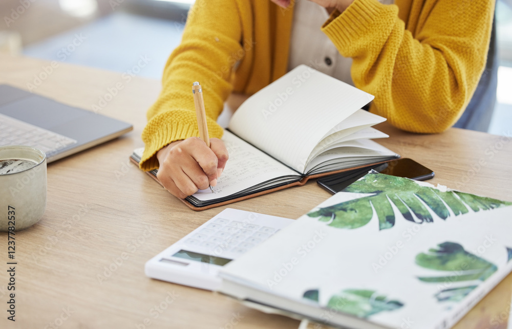 Poster notebook, writing and hand of woman in home with study schedule, checklist or planning for exam. edu