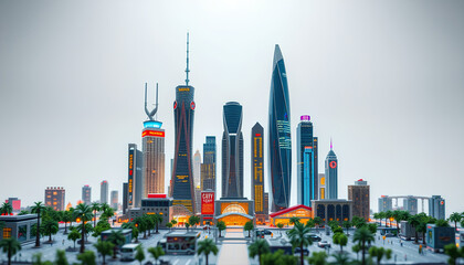 A premium miniature urban world, filled with towering skyscrapers, neon lights, and a sleek city structure, standing against a blank white space