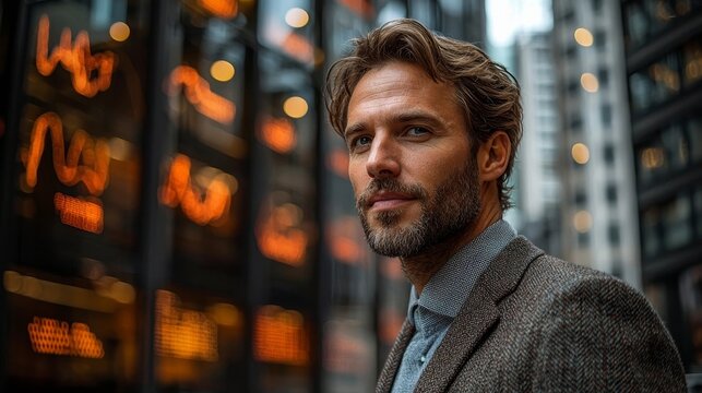 Confident Businessman Analyzes Financial Data on Tablet in Front of Skyscraper - Powered by Adobe