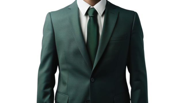 Businessman wearing green suit and tie on transparent background