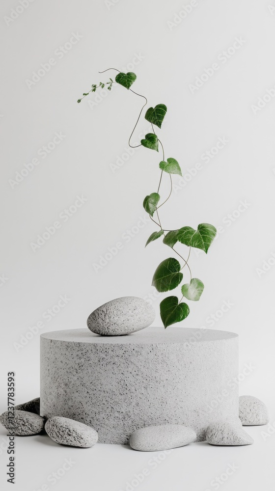 Poster a neutral gray podium stands gracefully, surrounded by smooth stones. a delicate green vine elegantl