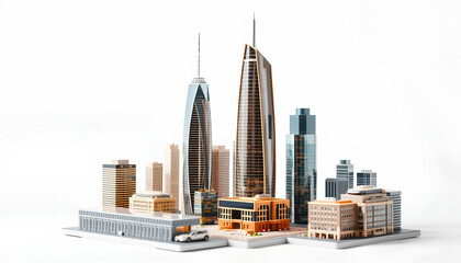 A beautifully crafted small-scale city with iconic skyscrapers, golden lights, and high-end urban design, displayed in a clean white space