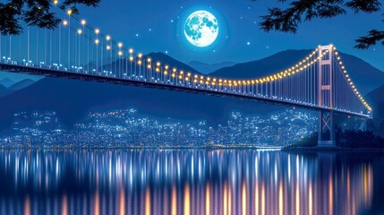 Fototapeta premium Majestic Night Bridge over Cityscape: A Breathtaking View of Urban Architecture under the Full Moon