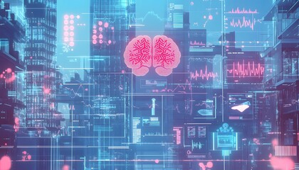 Futuristic Cityscape Brain Data Overlay Visualization