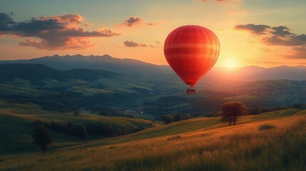 Obraz premium Serene Sunset Hot Air Balloon Soaring Over Rolling Hills