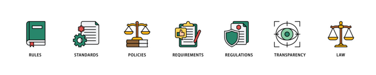 Compliance icon set flow process which consists of law, requirements, transparency, regulations, policies, standards, rules icon live stroke and easy to edit .
