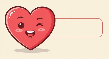 Happy Cartoon Heart Character with Winking Eye and Blank Banner for Valentine s Day or Love Messages