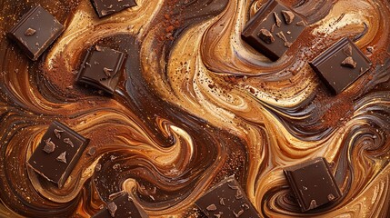 Swirled chocolate, cocoa powder, pieces. Food photography, recipe