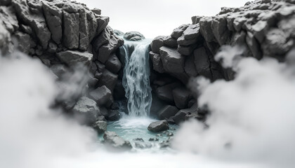 A mesmerizing miniature waterfall flowing through a rocky canyon, with soft mist enveloping the scene, standing alone on a white background