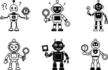 Robot with search icon in this hand vector art, Modern Robot set silhouette vector illustration, Robot isolated vector icon design