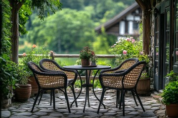 Obraz premium Table with four chairs on outdoor terrace in front of Scandinavian country house, black rattan furniture, wooden fence, stone floor, green garden with flower pots, minimalist style