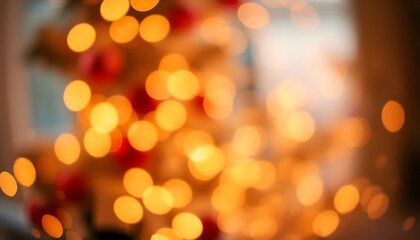 Obraz premium warm golden bokeh lights, soft focus, Christmas tree silhouette, cozy holiday atmosphere, blurred festive background, orange glow, defocused lights, magical ambiance, intimate setting, seasonal decora