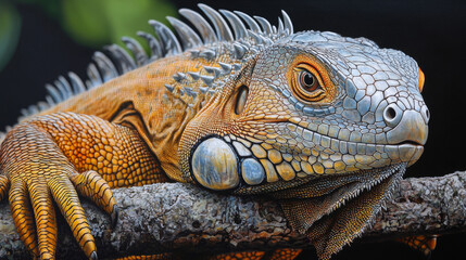 Closeup head of green iguana, Green iguana side view on wood, animal closeup