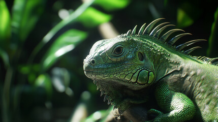 Fototapeta premium Closeup head of green iguana, Green iguana side view on wood, animal closeup