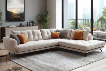 Fototapeta premium Beige corner sofa with chaise lounge in living room interior, coffee table and sideboard in modern home decor, contemporary furniture for small apartment, home lifestyle mock-up