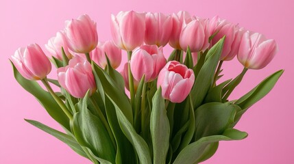 Fototapeta premium Beautiful composition spring flowers. Bouquet of pink tulips flowers on pastel pink background. Valentine's Day, Easter, Birthday, Happy Women's Day, Mother's Day. Flat lay, top view, copy space