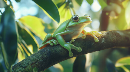 Flying frog sitting on body, beautiful tree frog on branch, rachophorus reinwardtii, Javan tree frog, Indonesian tree frog