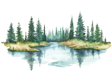 A serene water landscape featuring lush greenery and coniferous trees reflected in a calm body of water.
