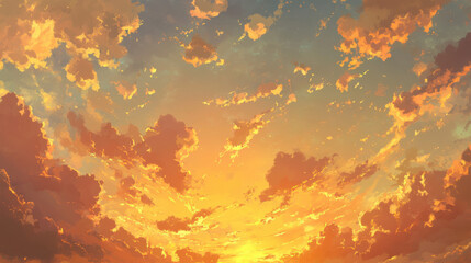 Majestic cloudscape bathed in the golden glow of a setting sun, the sky bursting with warm colors, delicate and voluminous clouds stretching into the horizon